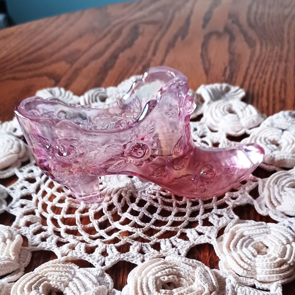 Fenton Vintage 70s Opalescent Pink Art Glass Floral Roses High Heel Shoe
